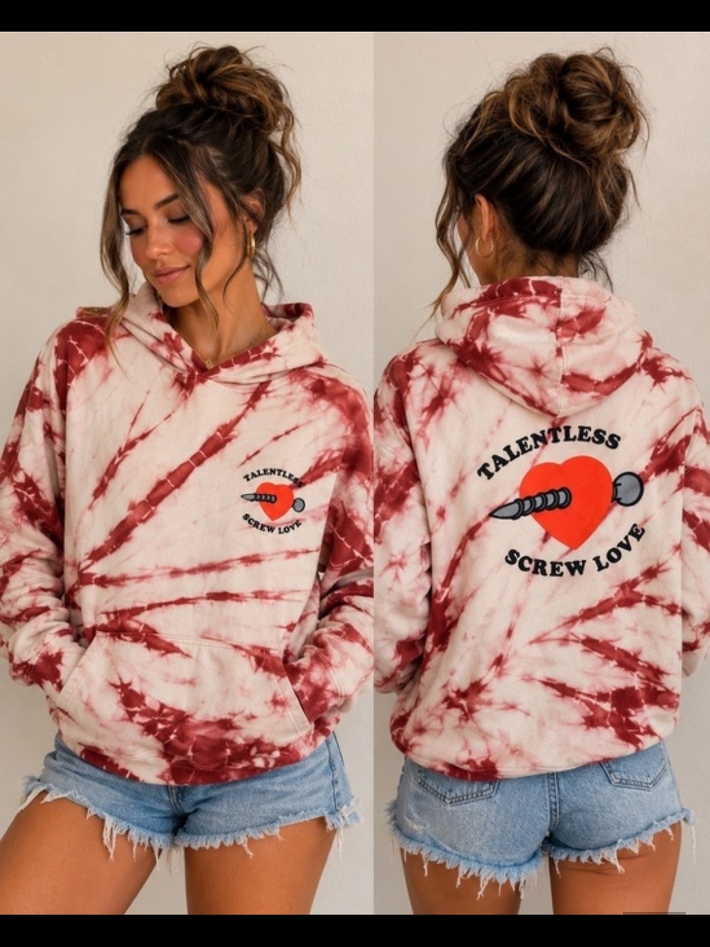 TALENTLESS Red and White Tie-Dye Hoodie with Heart Screw Graphic